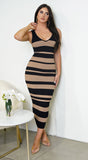 Kim Brown Black Striped V Neck Midi Dress