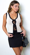 Léonie Contrast Scallop Trim Vest in Beige full length front view on model