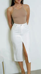 Elsie White Front Slit Denim Midi Skirt