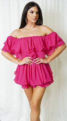 Karli Off Shoulder Ruffled Romper - Pink