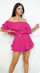 Karli Off Shoulder Ruffled Romper - Pink