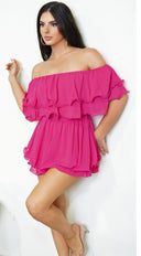 Karli Off Shoulder Ruffled Romper in Pink styled outfit flat lay