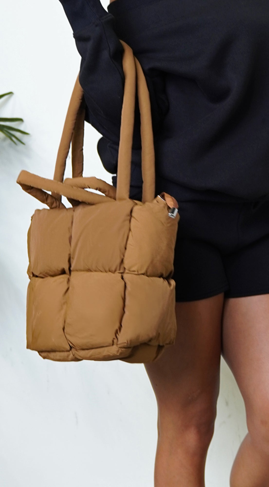 Cloud Puff Nylon Quilted Padded Tote Bag - Brown