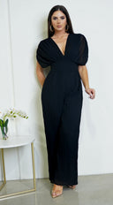 Selene V Neck Pleated Jumpsuit - Black