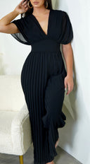 Selene V Neck Pleated Jumpsuit - Black