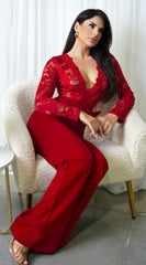 Milani Long Sleeve Lace Crochet Jumpsuit - Red