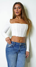 Nina Mesh Square Neck Corset Crop Top - White