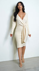 Max V Neckline Front Tie Sweater Midi Dress - Cream