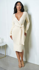 Max V Neckline Front Tie Sweater Midi Dress - Cream