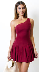 Midnight Hour One Shoulder Pleated Mini Dress in Burgundy close-up of one-shoulder design