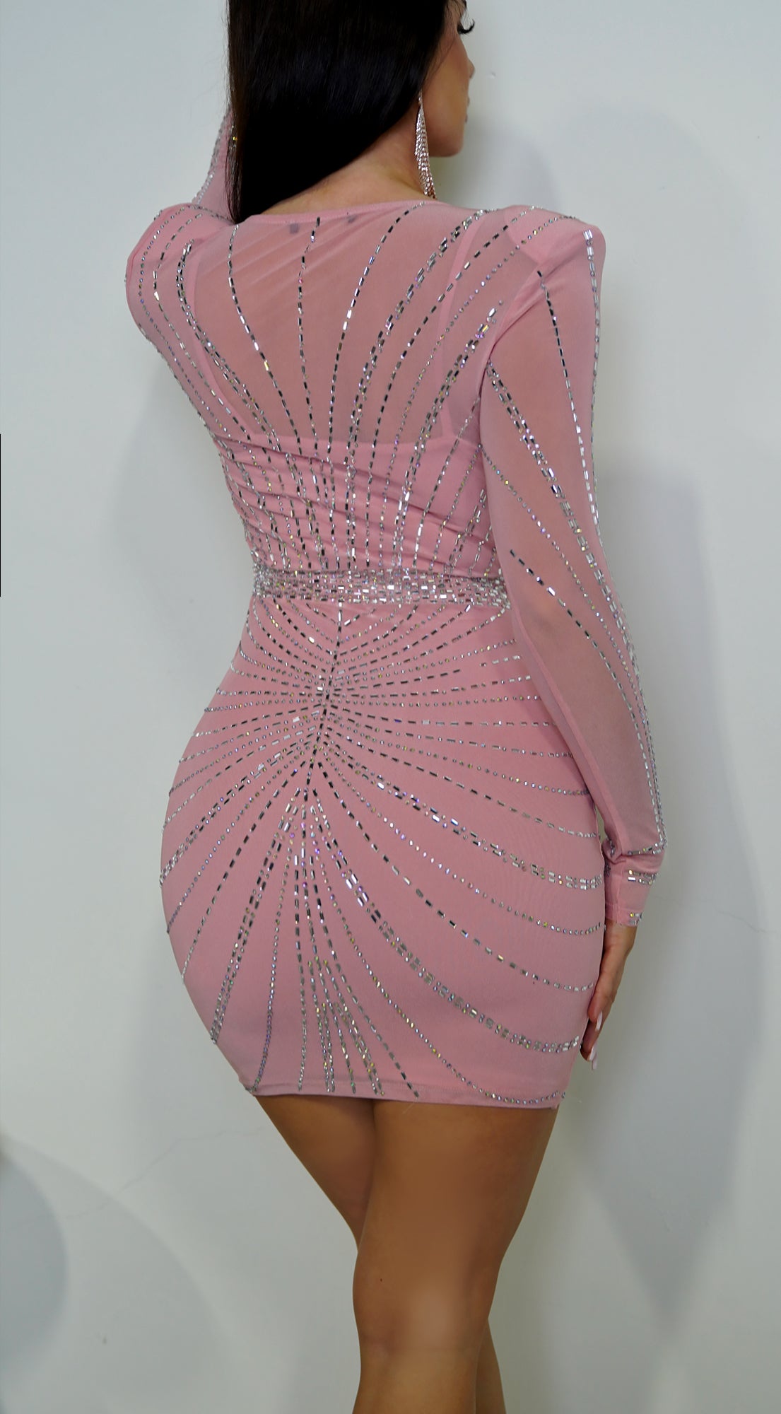 Arya Long Sleeve Rhinestone Mini Dress - Pink