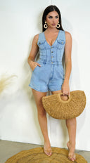 Inaya Denim Button Down Romper - Blue