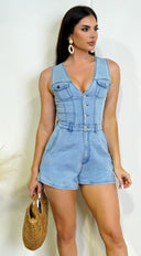 Inaya Denim Button Down Romper - Blue