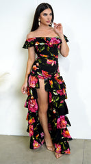 Eivissa Floral Off Shoulder Ruffle Tier Maxi Dress - Black