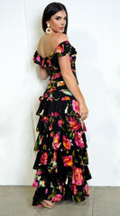 Eivissa Floral Off Shoulder Ruffle Tier Maxi Dress - Black