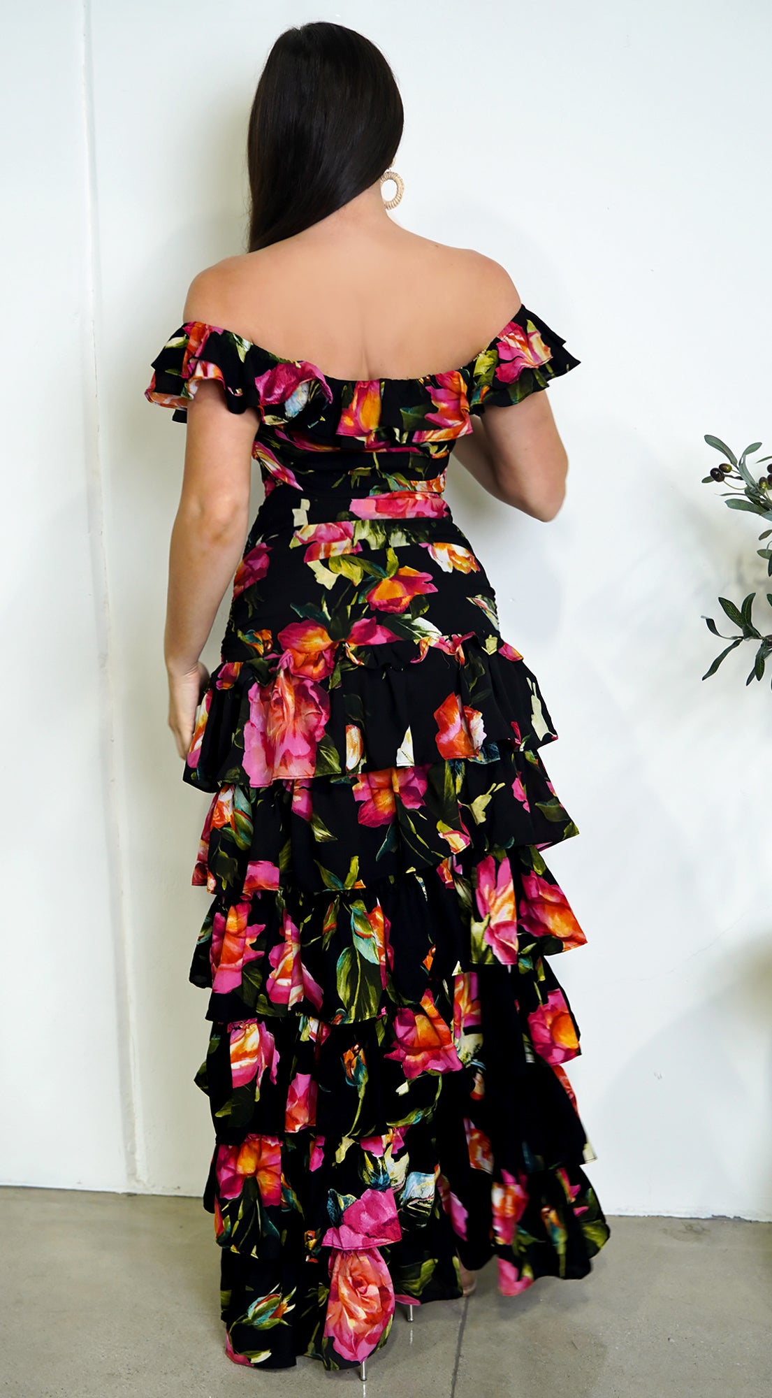 Eivissa Floral Off Shoulder Ruffle Tier Maxi Dress - Black