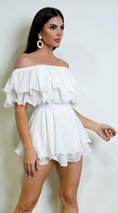 Karli Off Shoulder Ruffled Romper - White