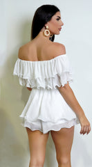 Karli Off Shoulder Ruffled Romper - White