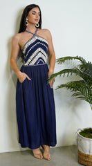 Neriah Crochet Combo Maxi Dress - Blue