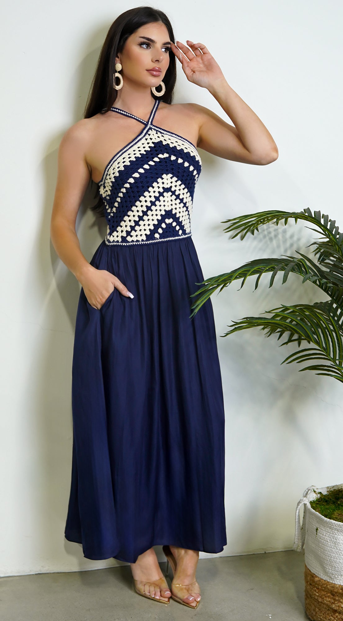 Neriah Crochet Combo Maxi Dress - Blue