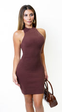 Forma Mock Neck Knit Ribbed Mini Dress - Brown
