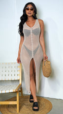 Lianna Crochet Button Down Cover Up Dress in Beige stitching and texture close-up hemline and silhouette detail
