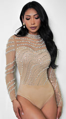 Ayana Rhinestone Bodysuit - Beige