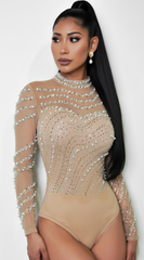 Ayana Rhinestone Bodysuit - Beige