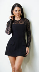 Sheer Lace Print Blouse in Black full length front view on model