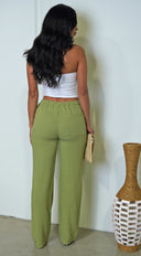 Cora Linen Pants in Green side profile view on model
