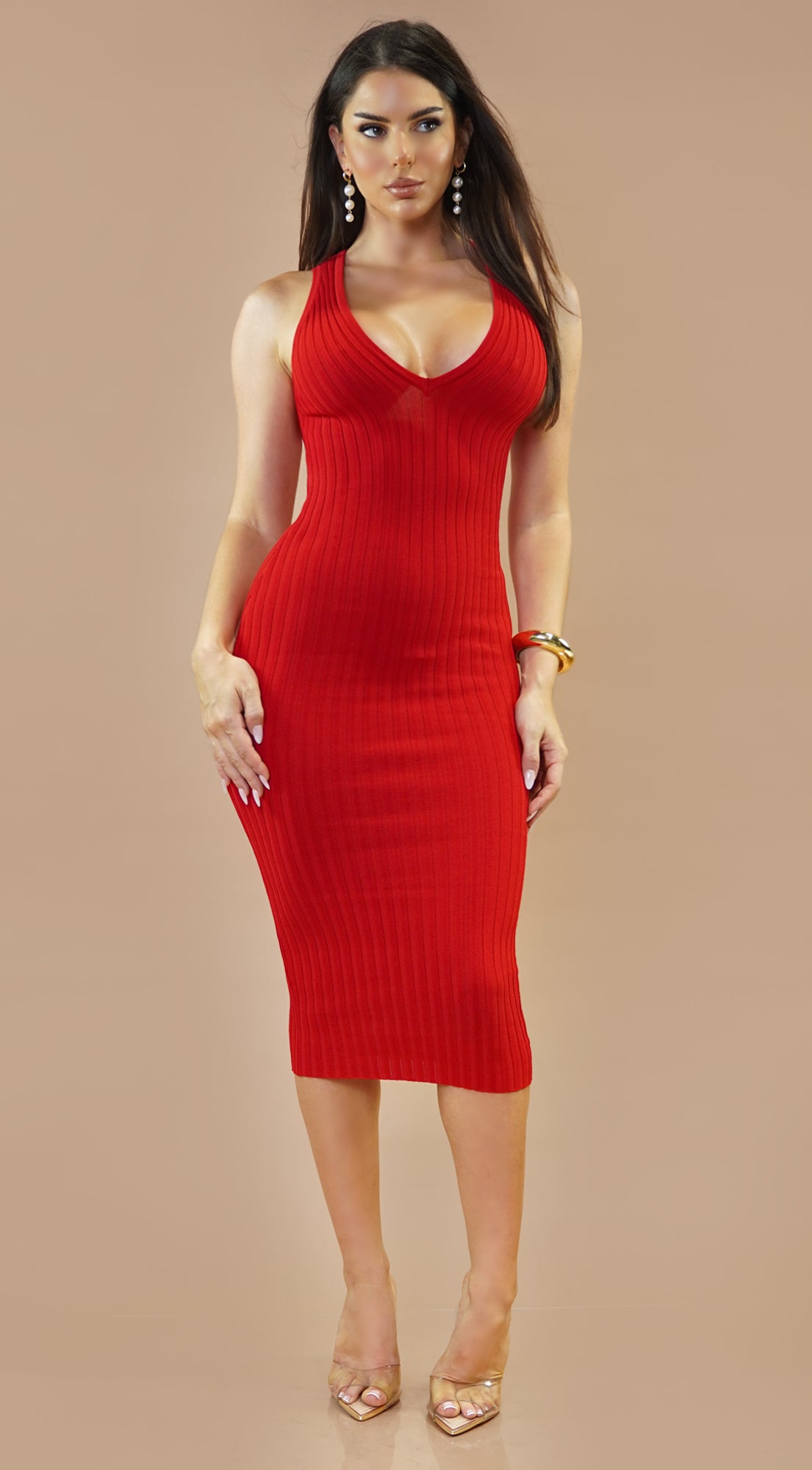 Oryna Ribbed Midi Dress - Red