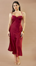 Civelle Satin Maxi Dress – Burgundy Red embellishment and trim close-up