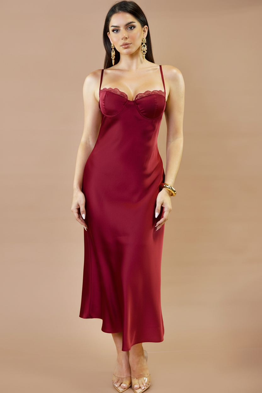 Civelle Satin Maxi Dress – Burgundy Red