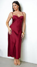 Civelle Satin Maxi Dress – Burgundy Red collar and strap construction