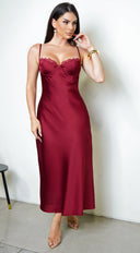 Civelle Satin Maxi Dress – Burgundy Red front panel and closure detail