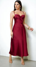 Civelle Satin Maxi Dress – Burgundy Red layered styling on model