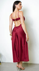 Civelle Satin Maxi Dress – Burgundy Red styled look from behind