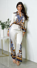 Georgina Floral Print Satin Set in Cream close-up of satin fabric