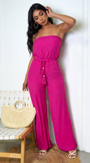 May Tube Jumpsuit in Pink close-up of fabric and construction