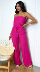 May Tube Jumpsuit in Pink side profile view on model