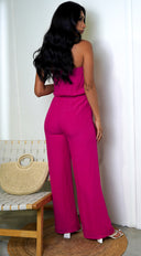 May Tube Jumpsuit in Pink close-up of neckline and shoulder detail