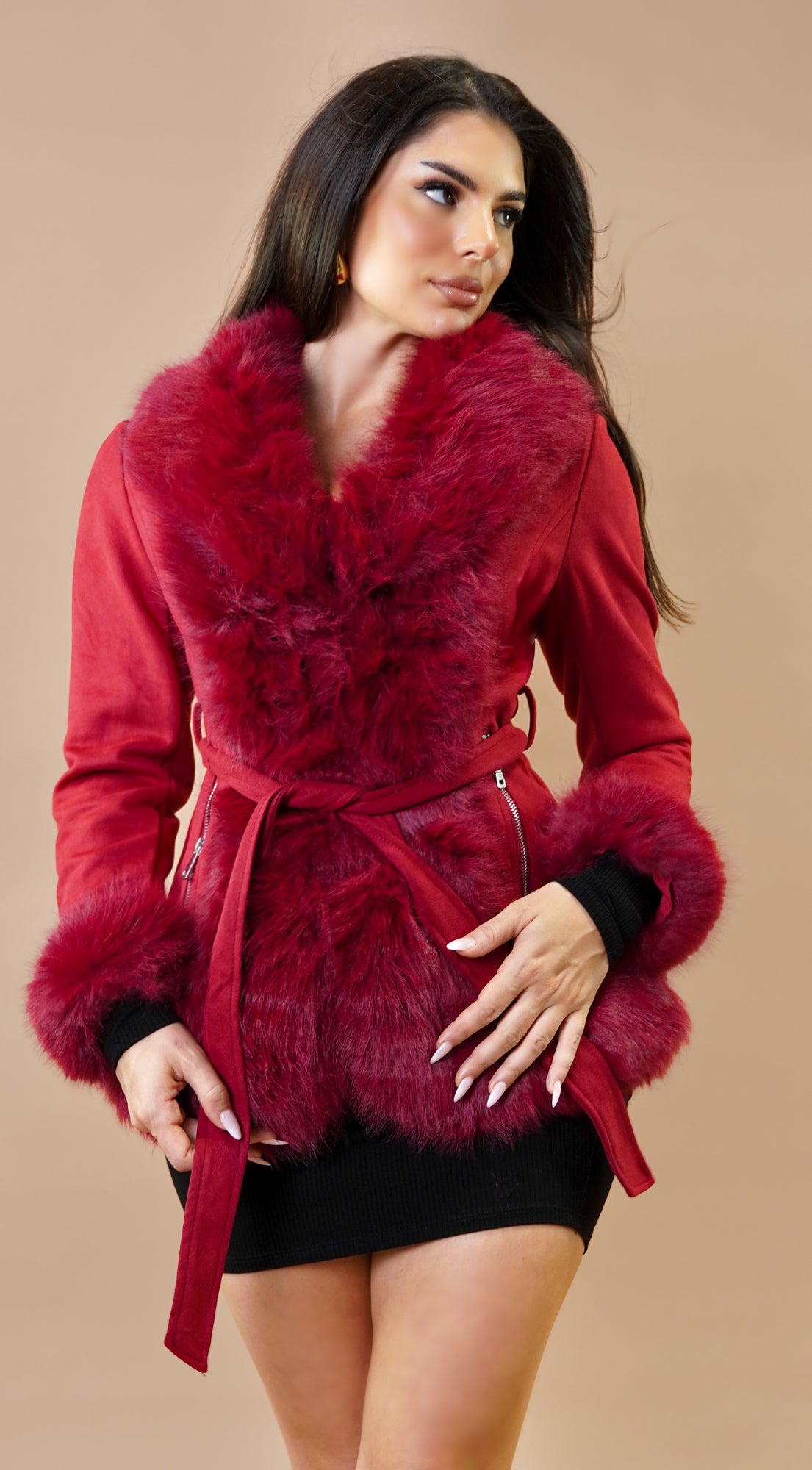 Velouria Faux Suede Fur Coat - Red