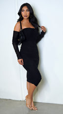 Annora Mesh Long Sleeve Ruched Midi Dress Black | Emprada Annora Mesh Long Sleeve Ruched Midi Dress Black | Emprada