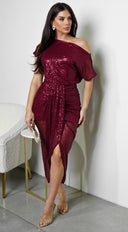 Lya Off Shoulder Draped Sequin Midi Dress - Burgundy