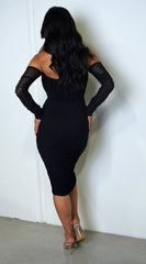 Annora Mesh Long Sleeve Ruched Midi Dress - Black