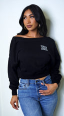 Kali Off Shoulder Sweater in Black close-up of off-shoulder neckline