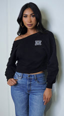 Kali Off Shoulder Sweater in Black back view on model