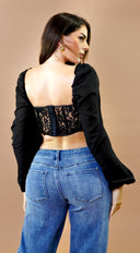 Noir Lace Corset Top in Black side profile view on model