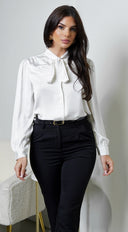 Mariah Neck Tie Satin Button Down Shirring Blouse in Off White side profile view on model