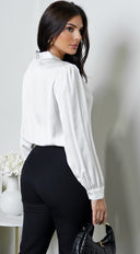 Mariah Neck Tie Satin Button Down Shirring Blouse in Off White close-up of satin fabric